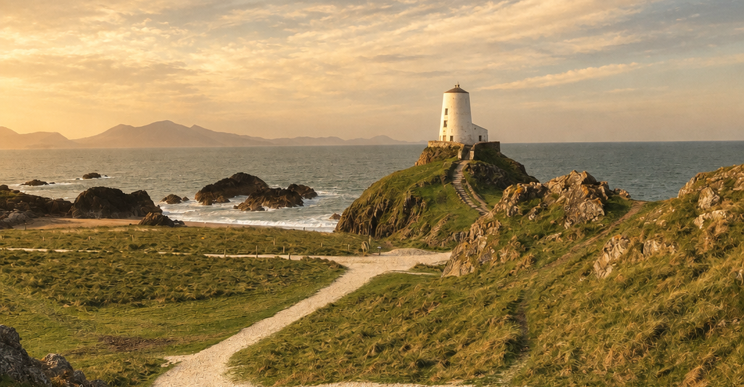 Twymans Mill on Llanddwyn Island, Anglesey, at sunset with the sea and mountains beyond